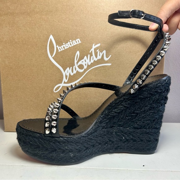 New! CHRISTIAN LOUBOUTIN MAFALDINA ZEPPA WEDGE SANDAL SPIKES BLACK LEATHER SZ 38 - Picture 4 of 15
